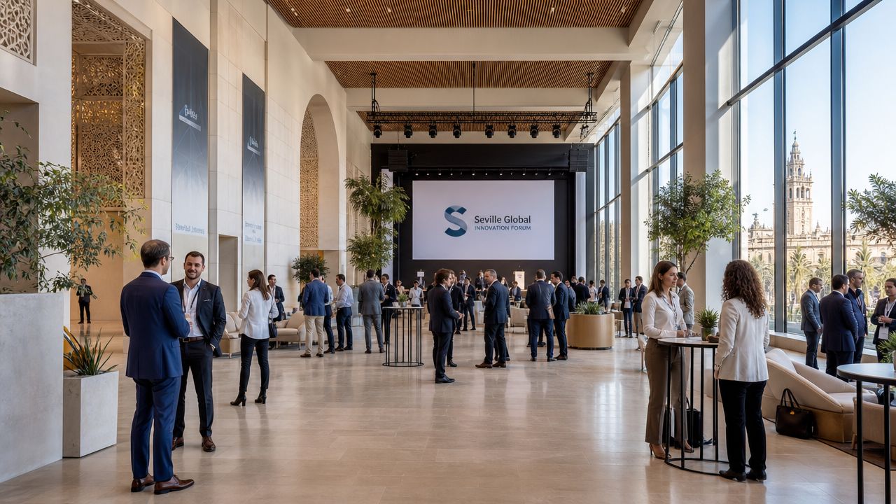 Un espacioso vestíbulo durante el Seville Global Innovation Forum con profesionales charlando frente a una pantalla grande.