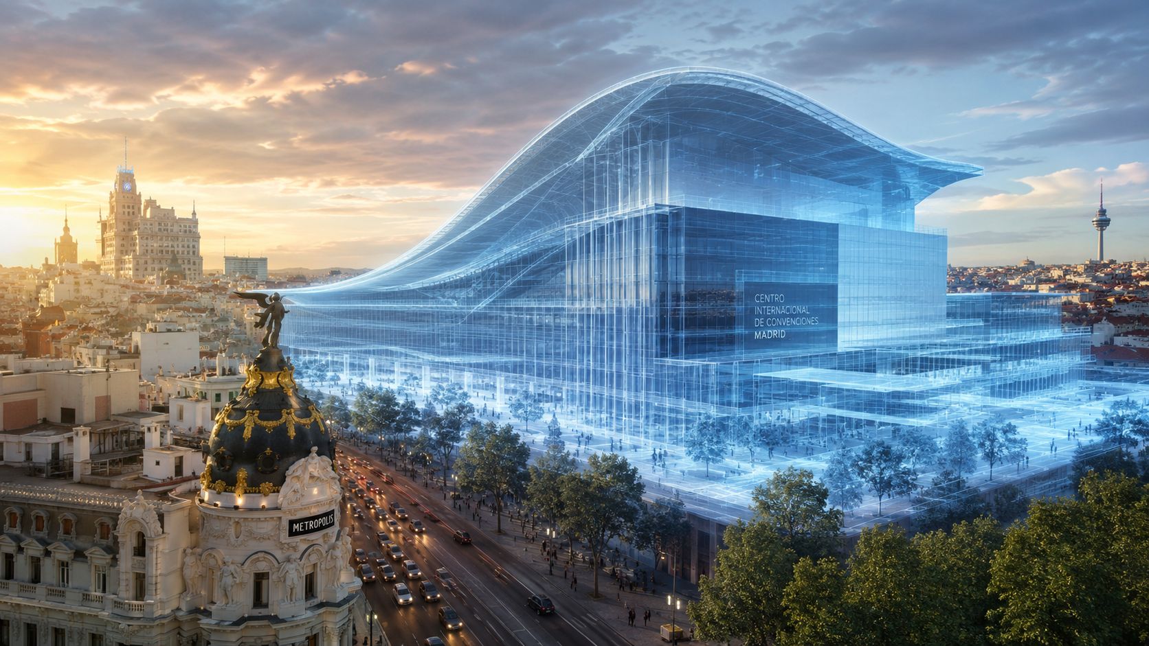 Representación digital futurista del futuro Centro Internacional de Convenciones de Madrid superpuesta sobre el paisaje urbano actual.