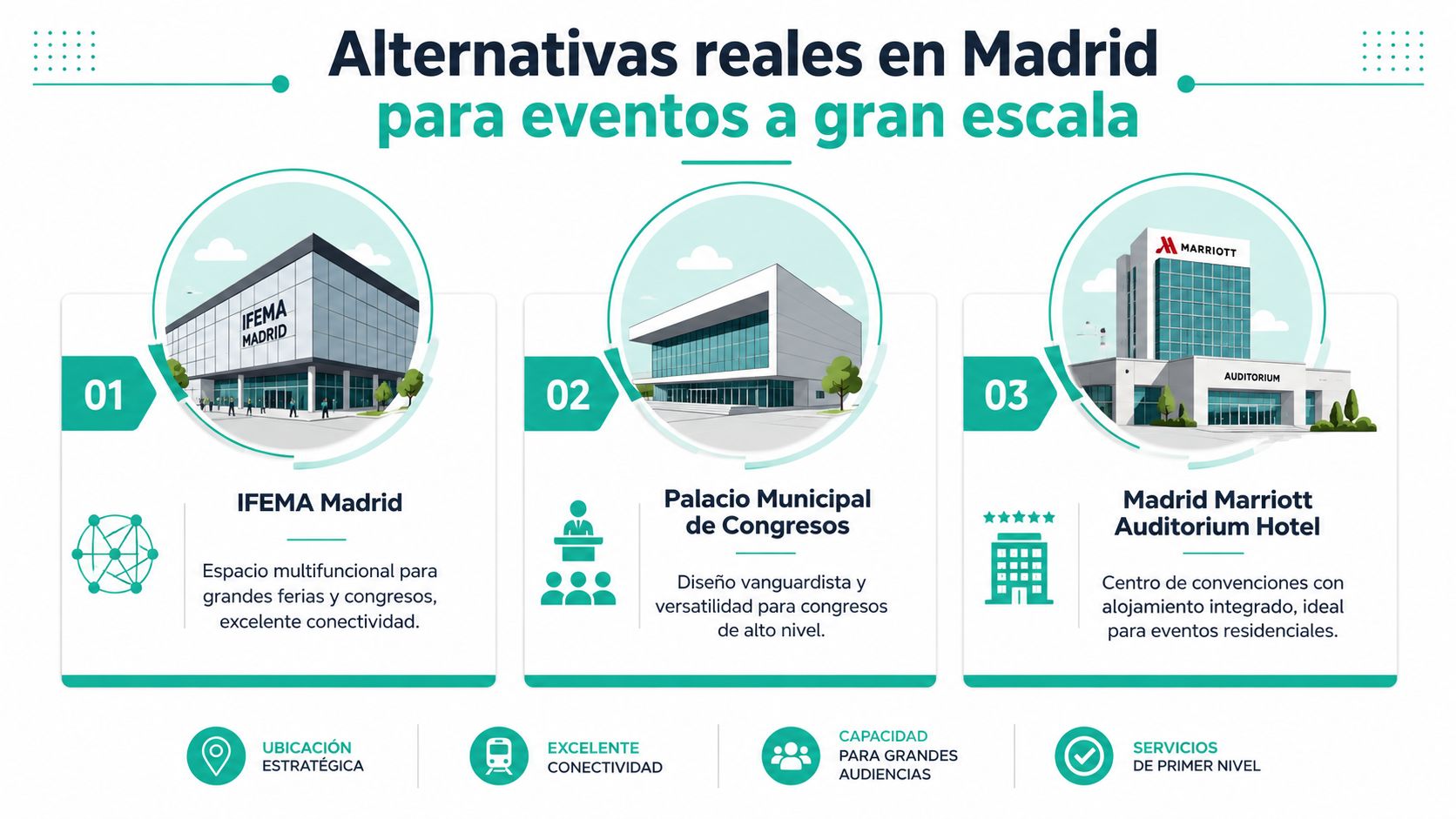 Infografía mostrando tres opciones principales en Madrid para organizar eventos empresariales a gran escala y congresos.