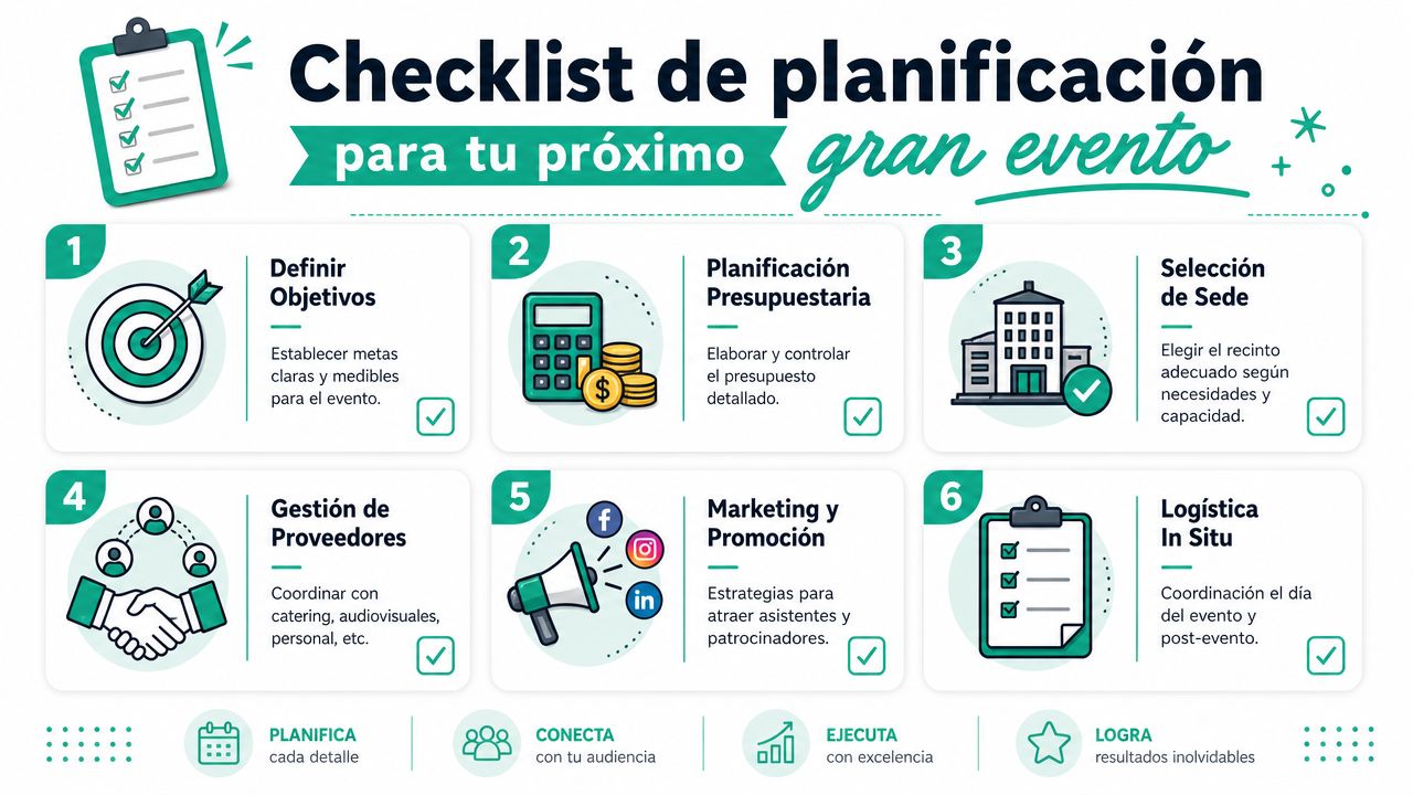 Infografía con una lista de verificación de seis pasos esenciales para planificar y organizar un evento corporativo exitoso.
