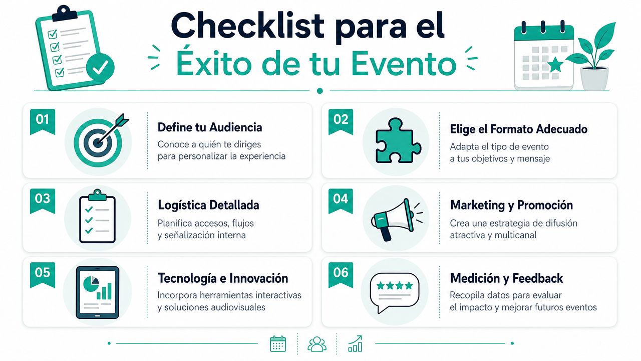 Infografía con una lista de verificación de seis pasos esenciales para asegurar el éxito de un evento.