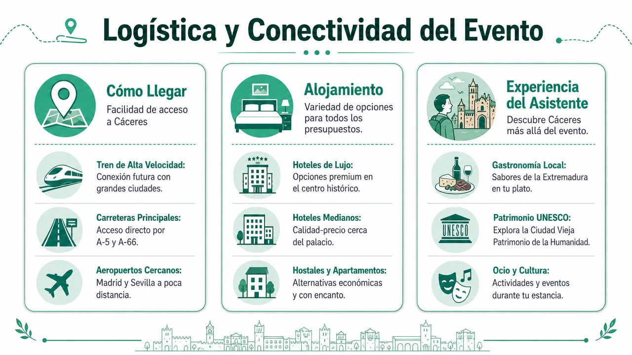Infografía sobre la logística, acceso y experiencias turísticas para eventos en el Palacio de Congresos de Cáceres.