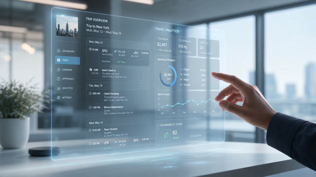 Una mano interactúa con una interfaz digital holográfica que muestra datos analíticos de viajes de negocios ejecutivos.
