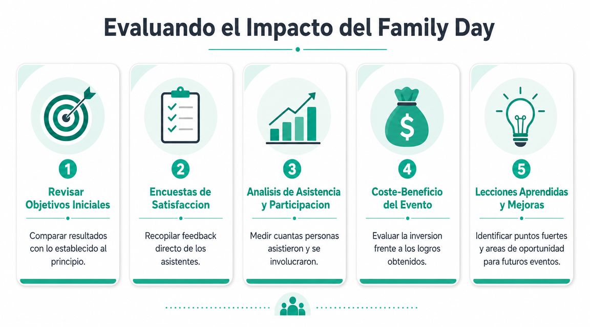 Infografía con cinco pasos clave para evaluar el impacto y los resultados de un evento Family Day corporativo.