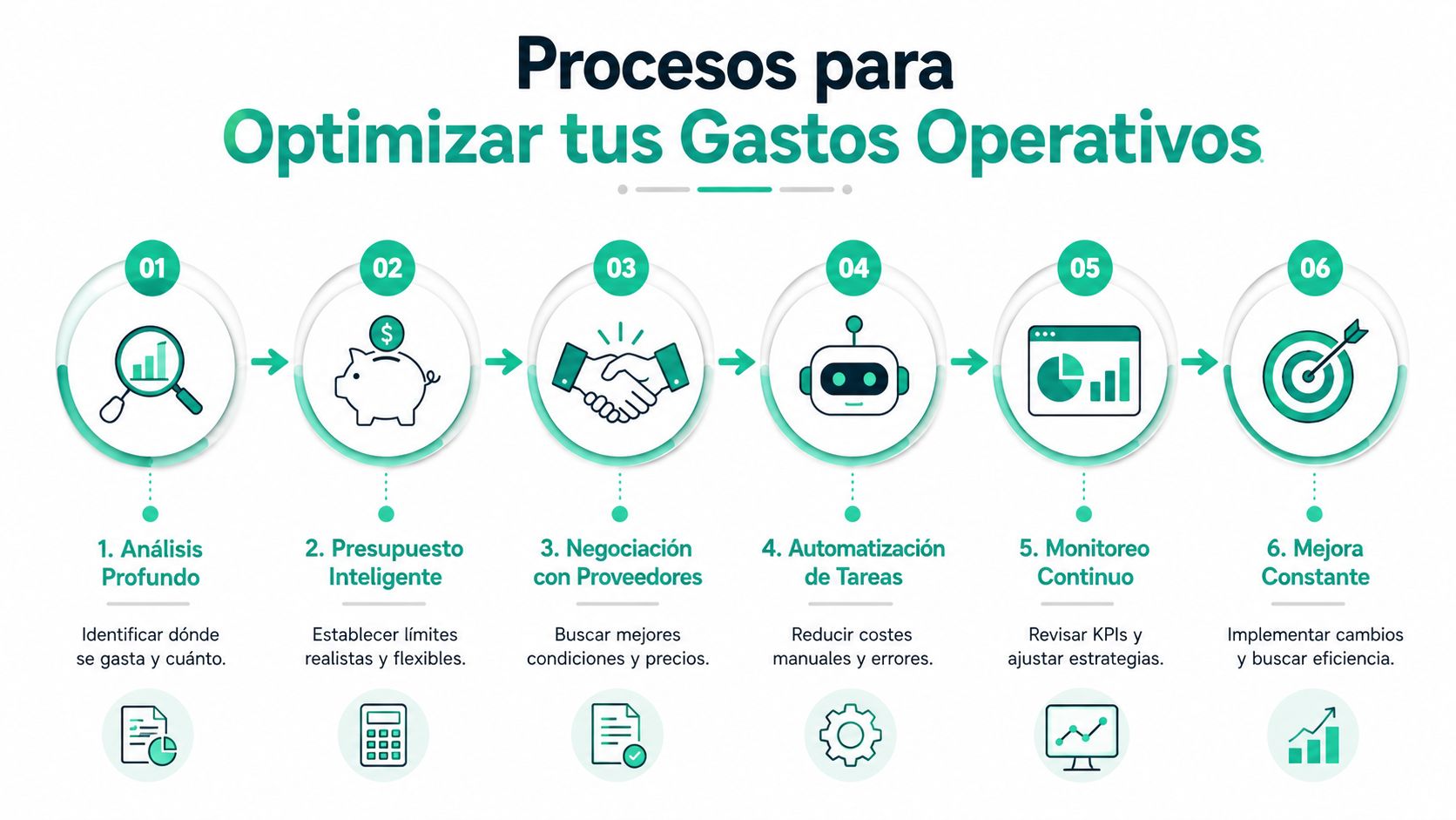 Infografía de seis pasos para la optimización de los gastos operativos en una empresa u organización.
