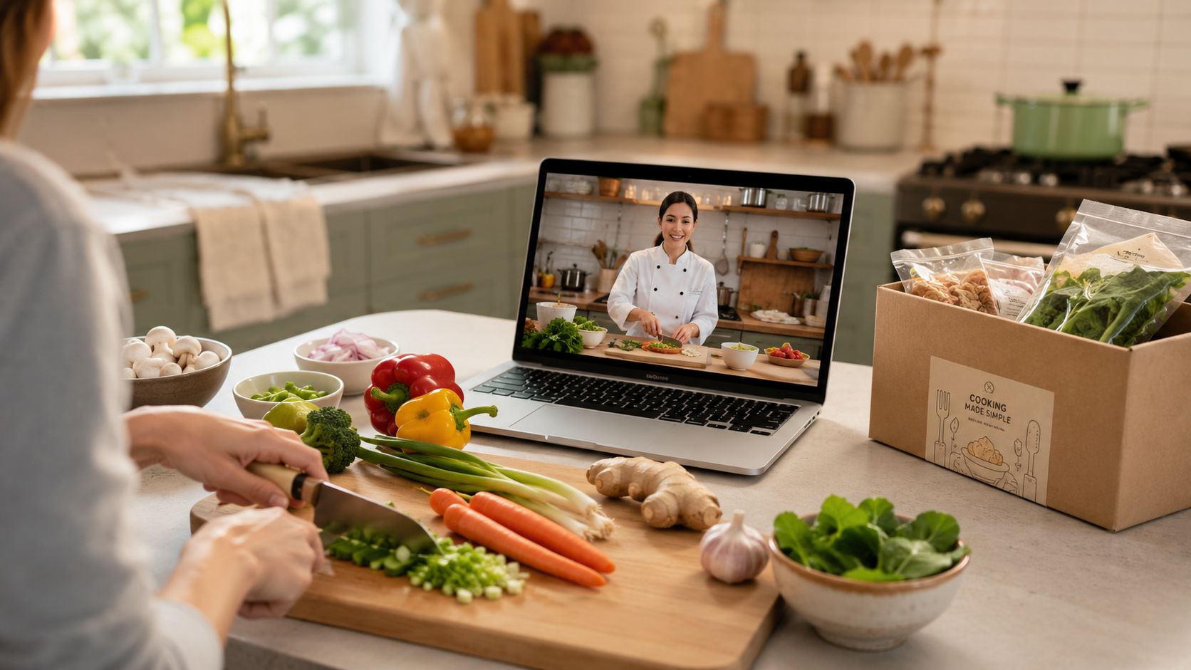 Una persona cortando vegetales frescos en la cocina siguiendo una clase de cocina en su laptop.