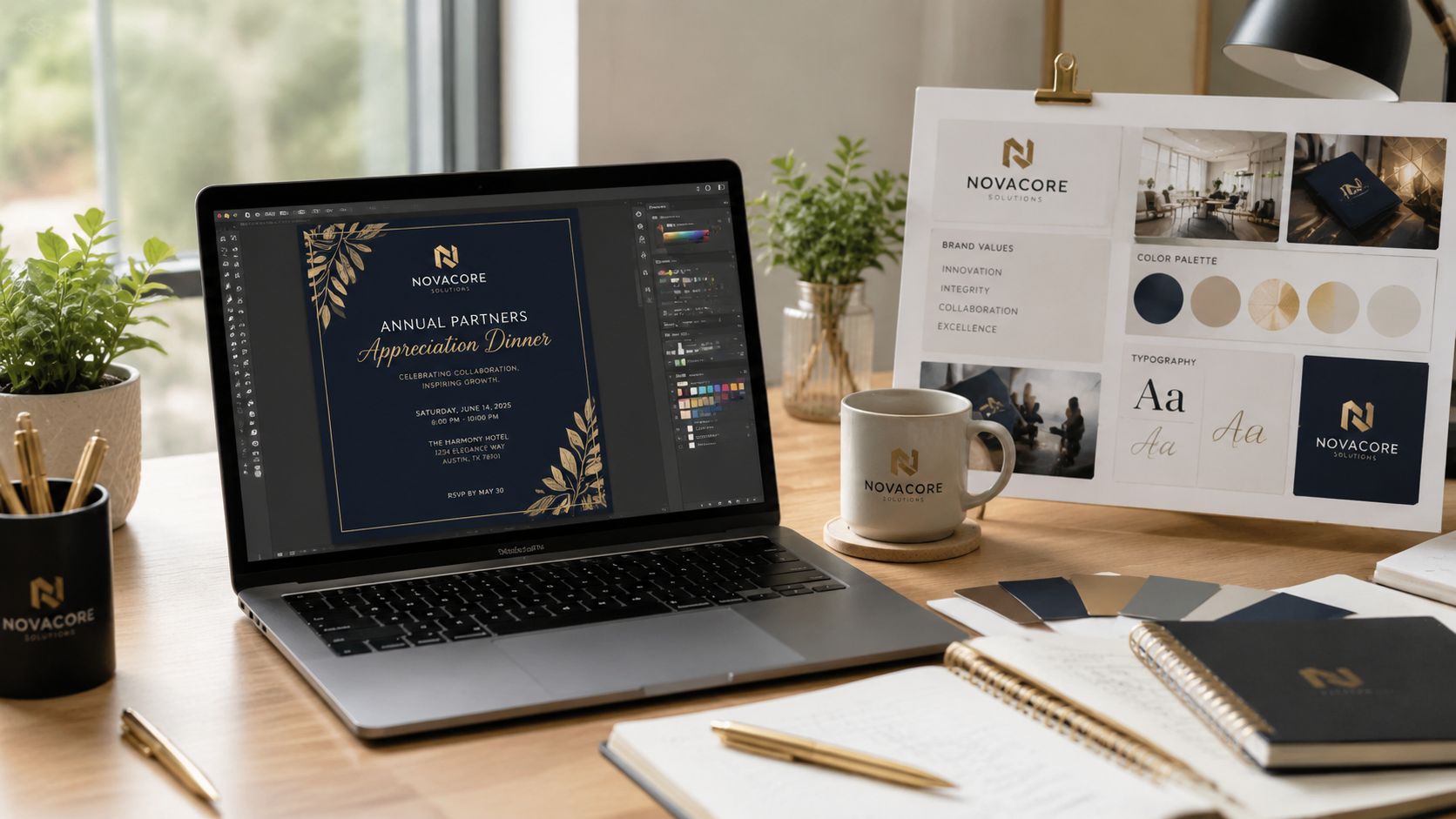 Espacio de trabajo moderno con una computadora portátil mostrando una invitación de gala empresarial de Novacore.