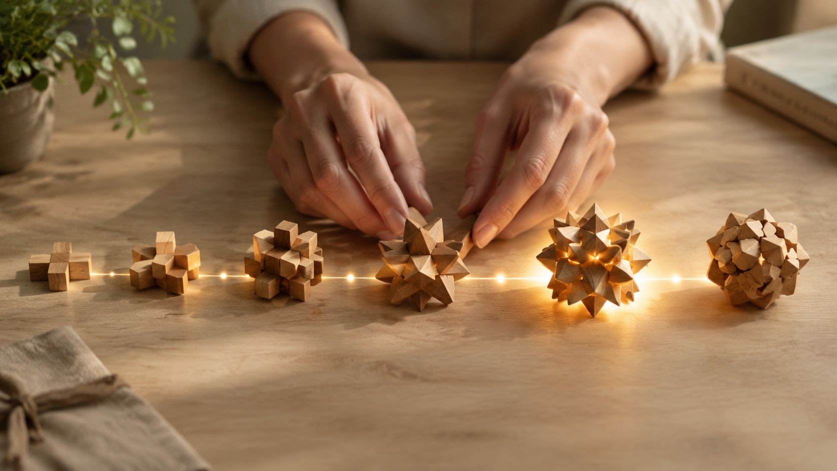 Manos sosteniendo piezas de madera en una mesa con rompecabezas geométricos iluminados alineados.