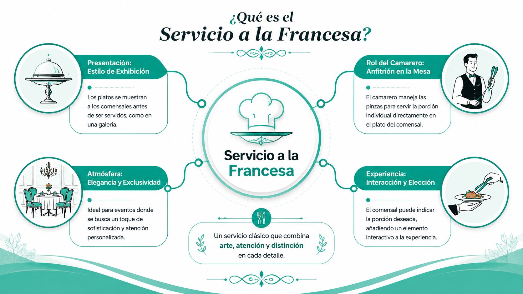 Infografía sobre el servicio a la francesa detallando su presentación, rol del camarero, atmósfera y experiencia gastronómica.