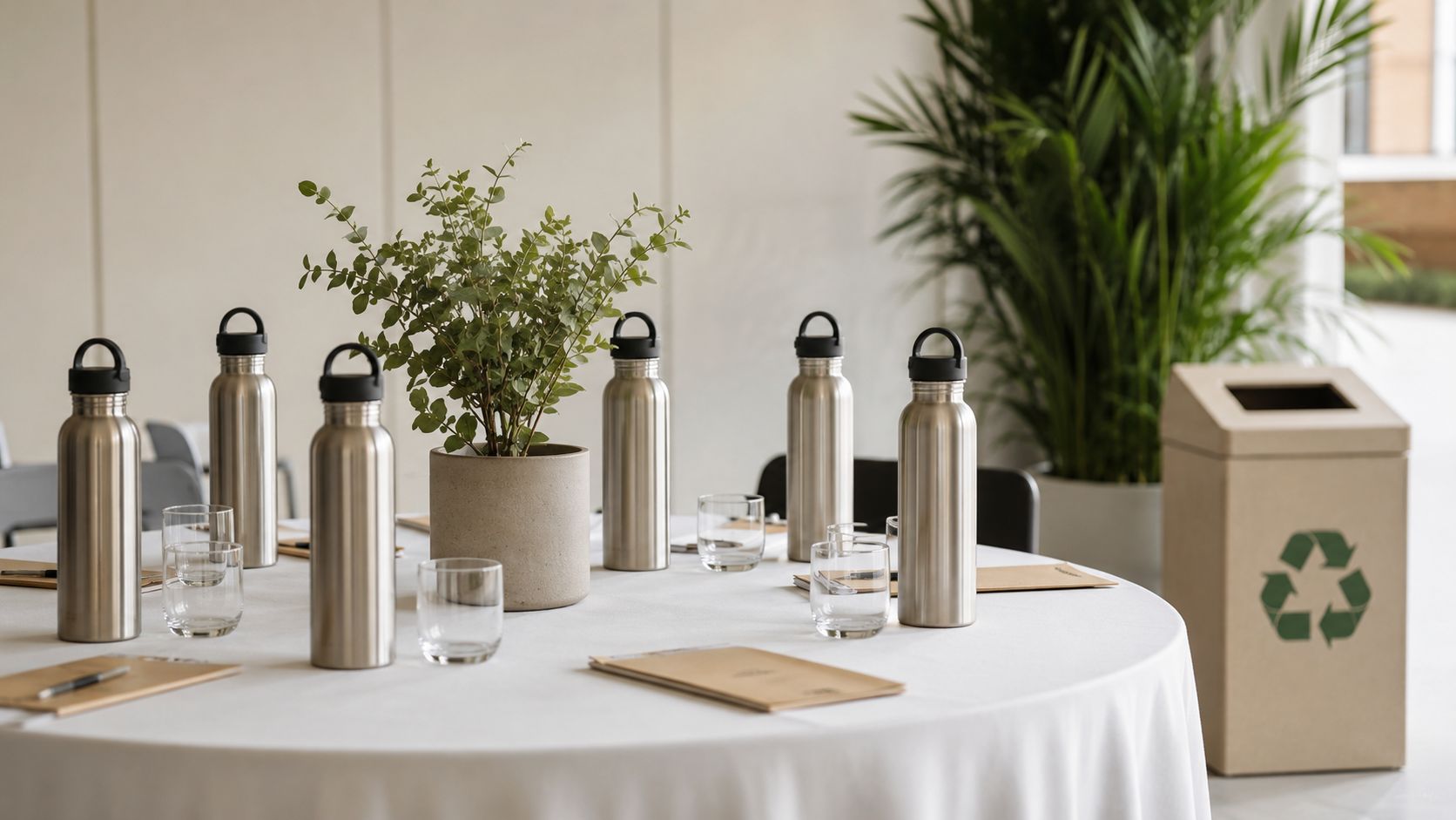 Mesa redonda configurada para una reunión con botellas de agua de acero y una planta decorativa.