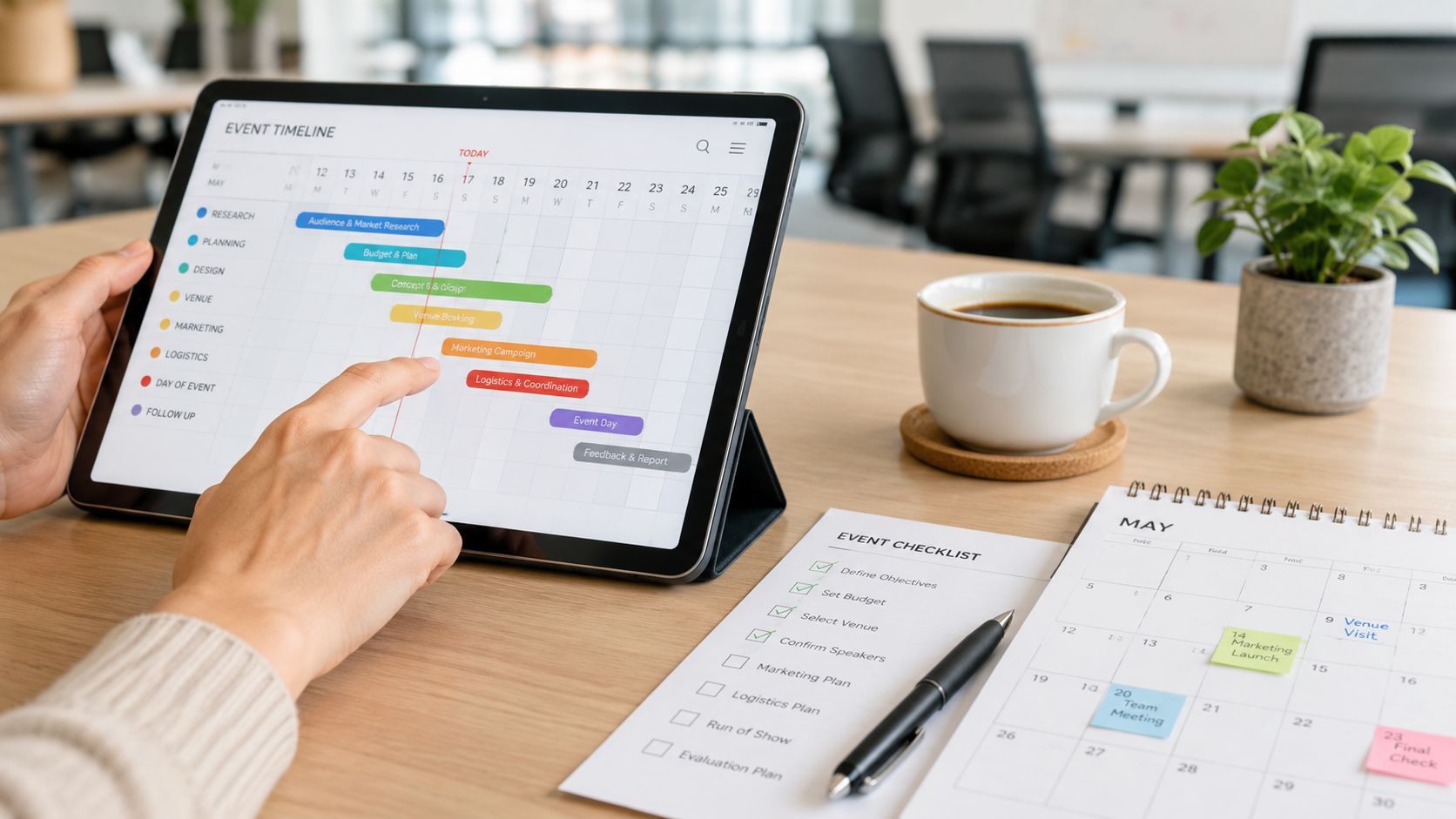 Una persona revisando una línea de tiempo de planificación de eventos en una tableta digital sobre un escritorio.