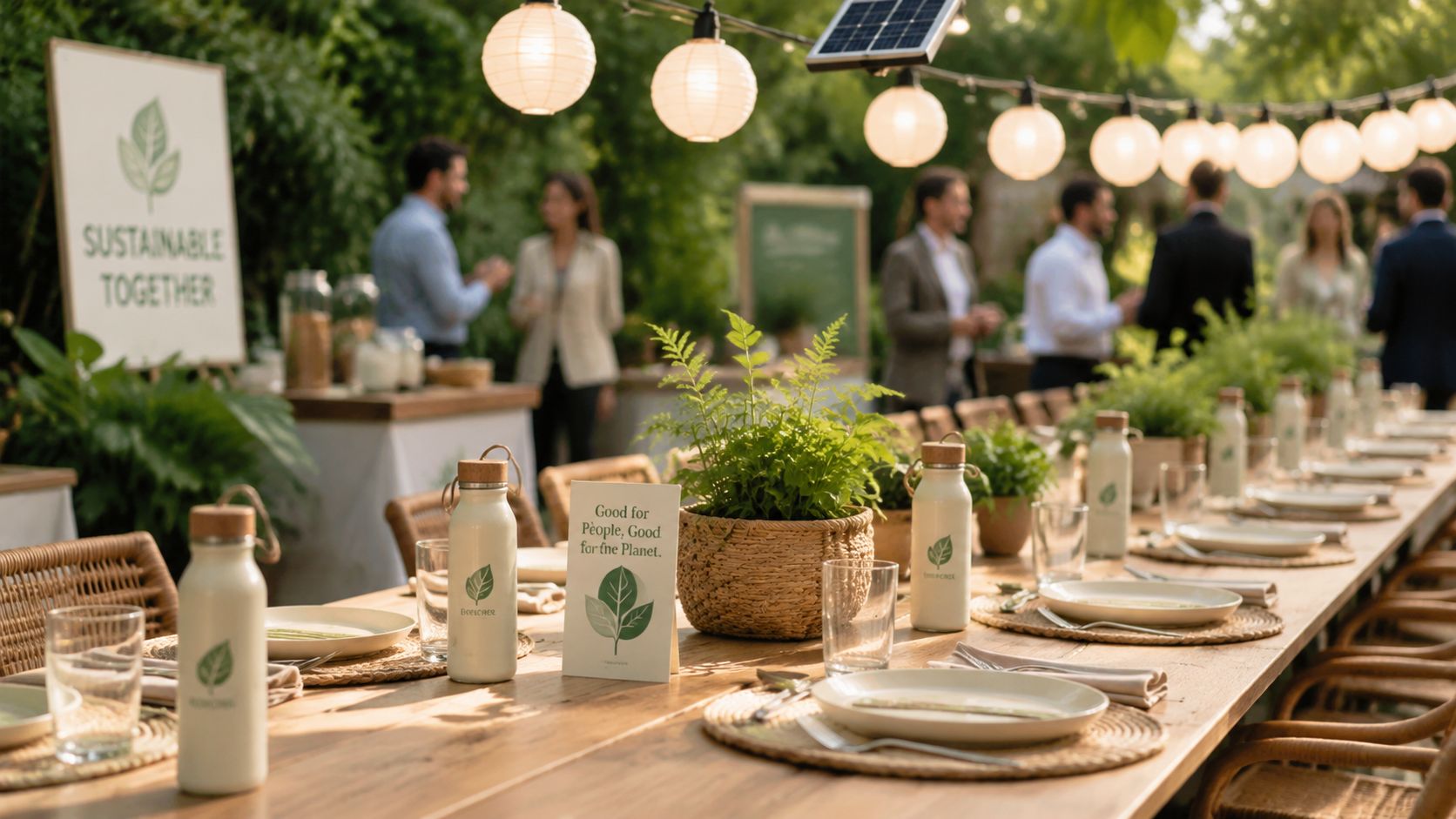 Una mesa elegante decorada con plantas y botellas sostenibles en un evento al aire libre durante el atardecer.