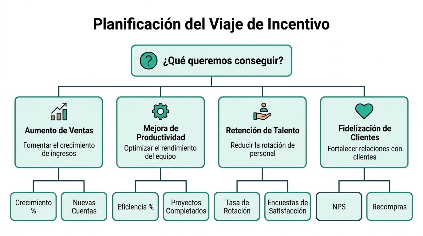 Diagrama sobre la planificación del viaje de incentivo enfocado en metas de ventas, productividad, talento y clientes.