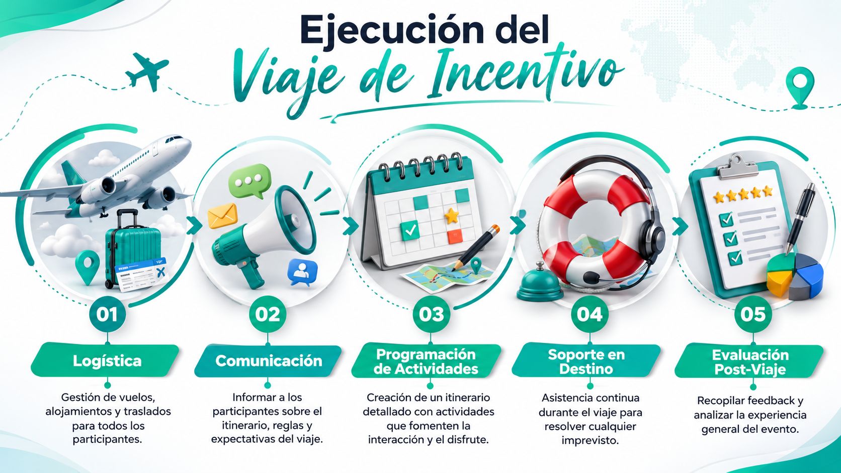Infografía sobre los cinco pasos esenciales para la correcta ejecución de un viaje de incentivo corporativo.