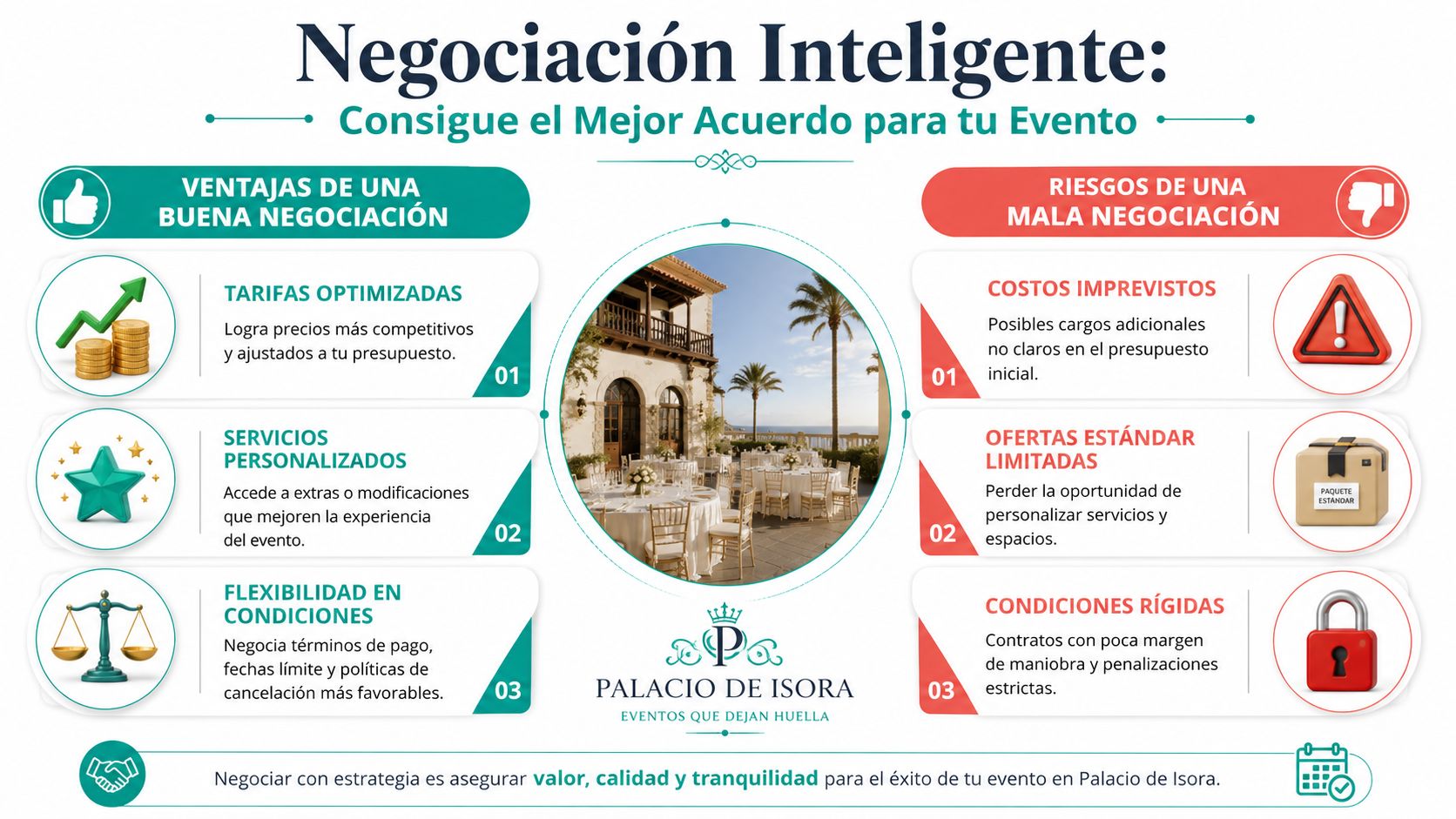 Infografía sobre negociación inteligente para eventos en el Palacio de Isora destacando ventajas, riesgos y consejos prácticos.