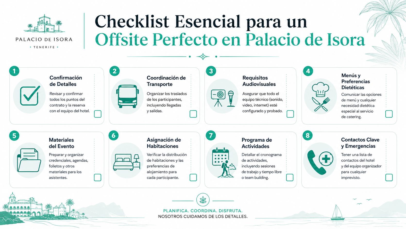 Lista de verificación esencial para planificar un evento corporativo exitoso en el hotel Palacio de Isora.