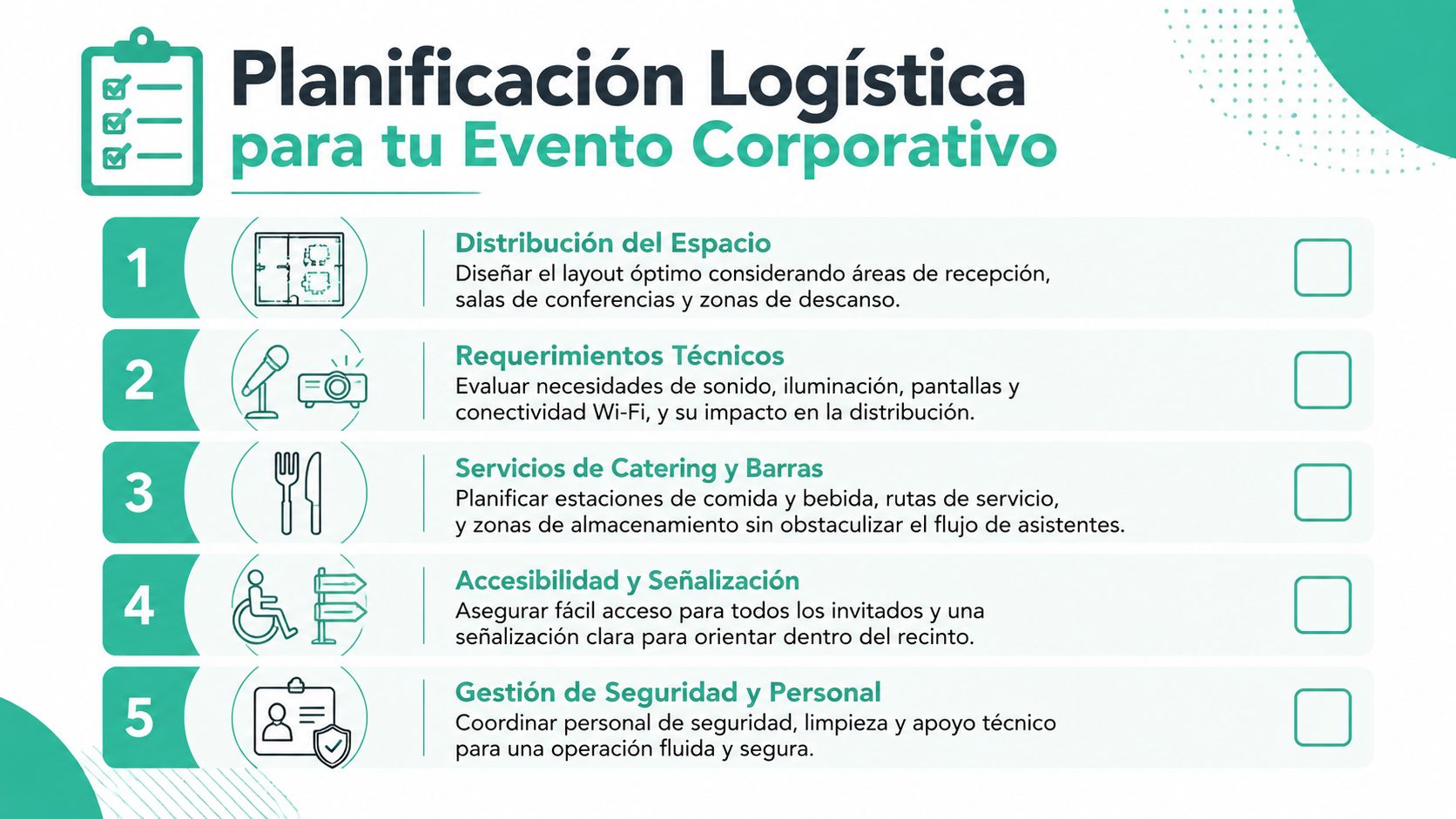 Lista de verificación para la planificación logística de un evento corporativo exitoso y organizado.