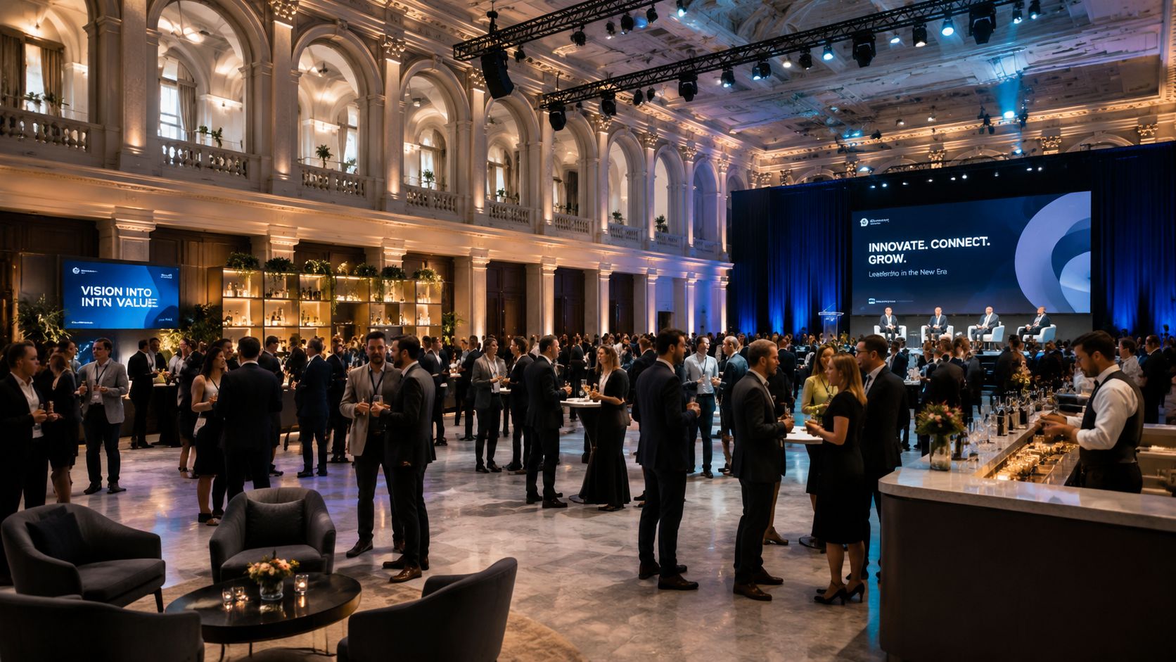 Un evento corporativo de negocios con asistentes en un gran salón de techos altos e iluminación elegante