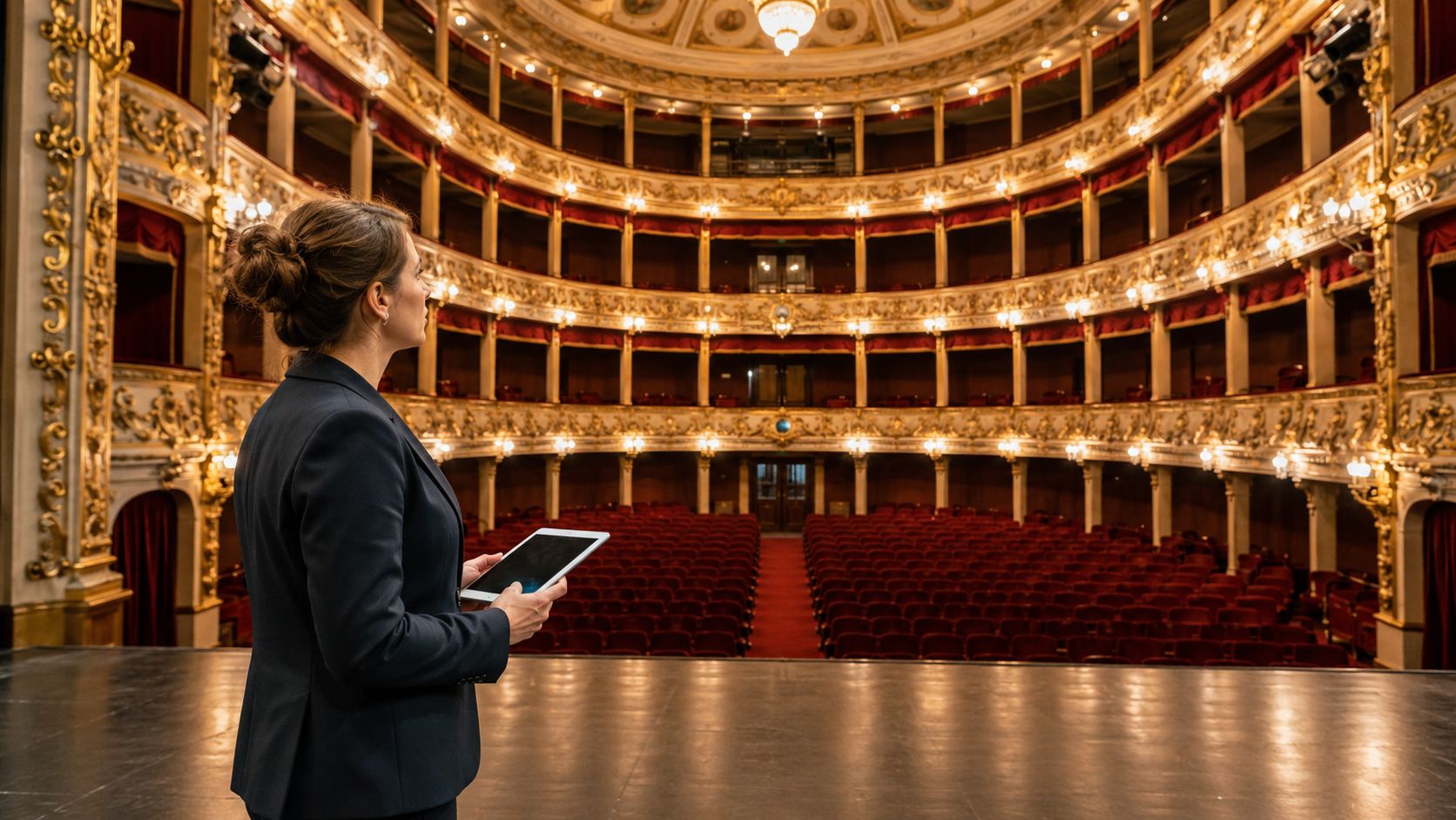 Una mujer en traje sostiene una tableta frente al escenario de un lujoso teatro de estilo clásico.