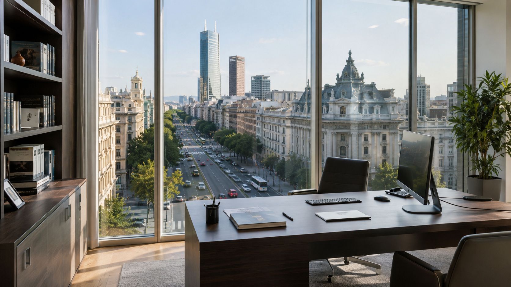Una oficina moderna con vista panorámica a una concurrida avenida de Madrid y edificios históricos
