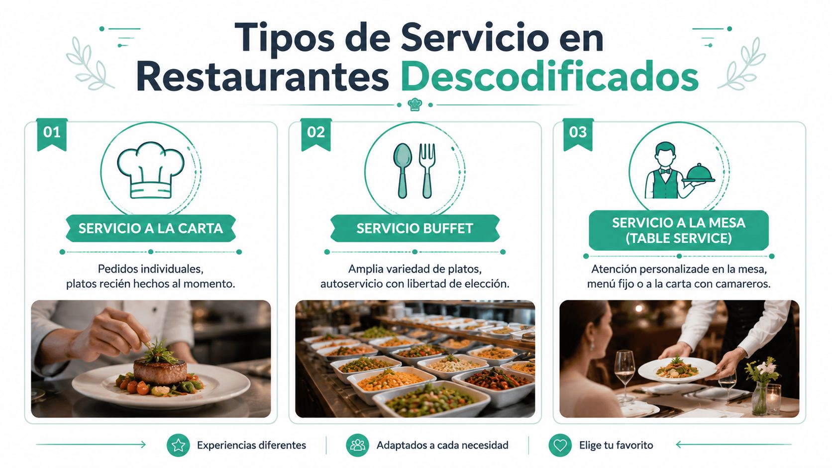 Infografía que explica tres diferentes tipos de servicio en restaurantes: a la carta, buffet y a la mesa.