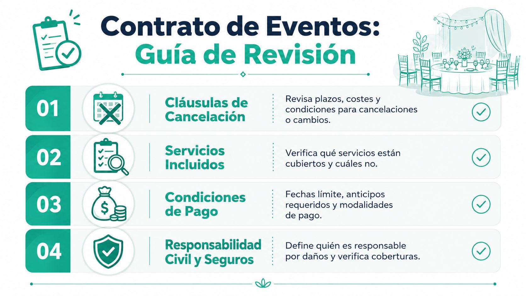 Una infografía informativa titulada Guía de Revisión para Contratos de Eventos con cuatro puntos clave de verificación.