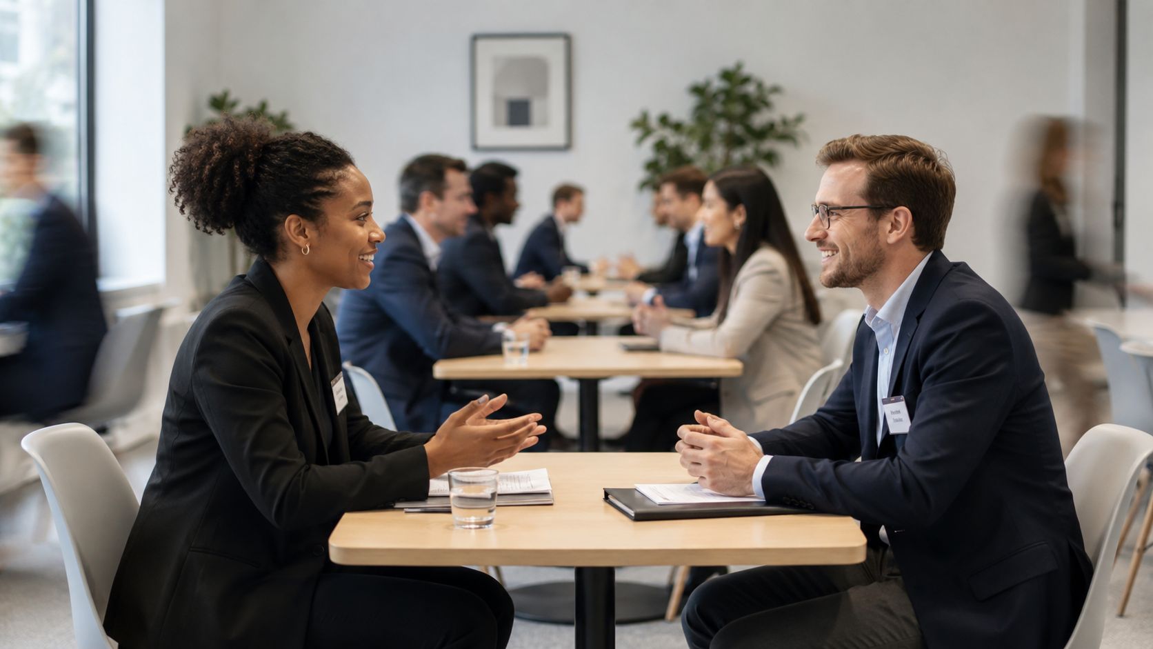 Dos profesionales sonrientes conversan sentados frente a frente en una mesa durante un evento de networking empresarial.