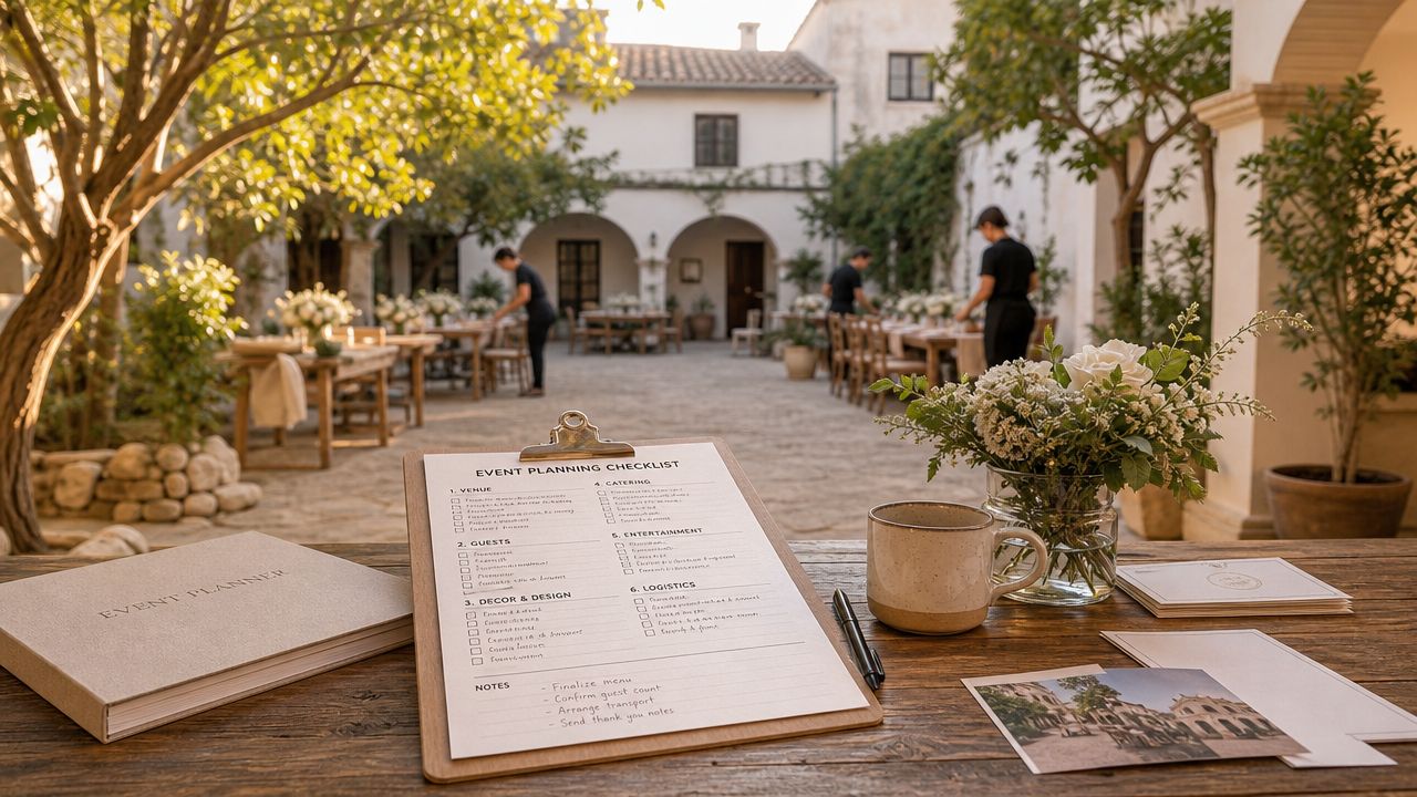 Una lista de verificación de planificación de eventos en un portapapeles sobre una mesa de madera rústica.