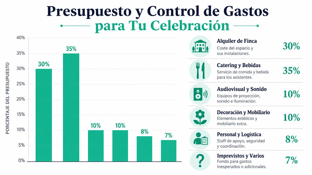 Gráfico de barras que muestra la distribución porcentual del presupuesto para la organización de eventos y celebraciones.