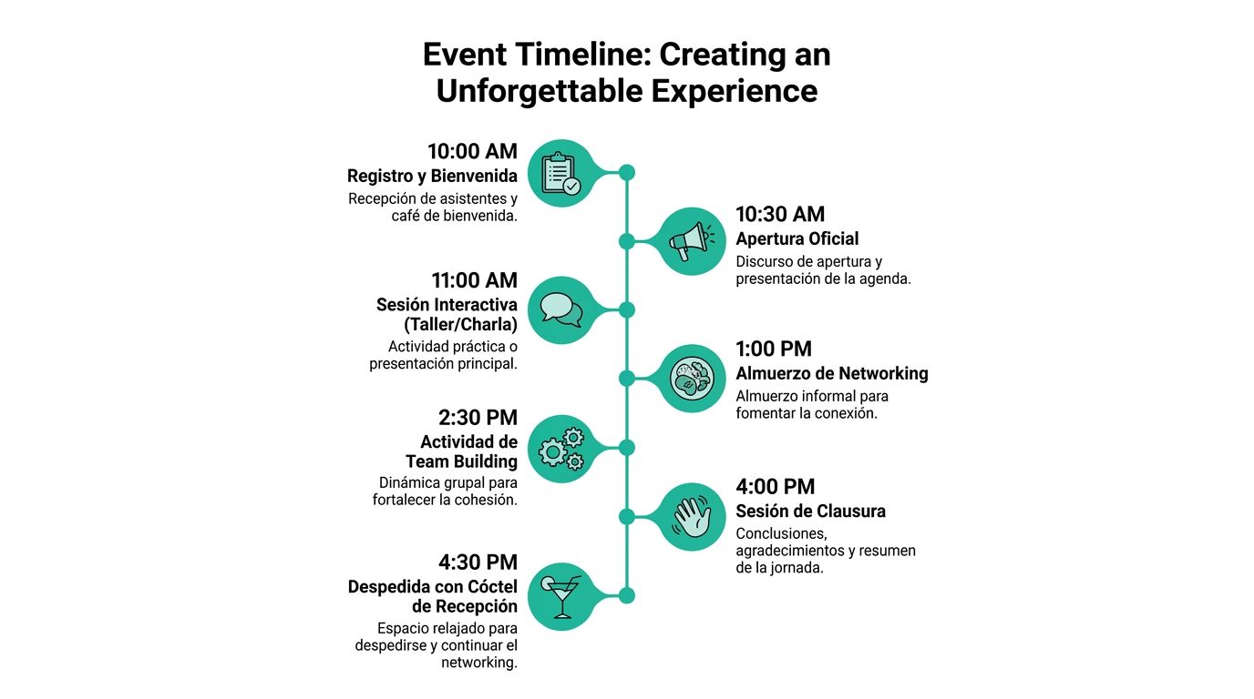 Cronograma de un evento profesional detallando actividades, horarios y dinámicas para crear una experiencia inolvidable.