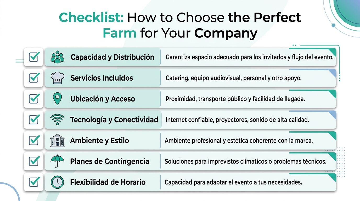 Lista de verificación para elegir la finca perfecta para eventos corporativos y celebraciones de su empresa.
