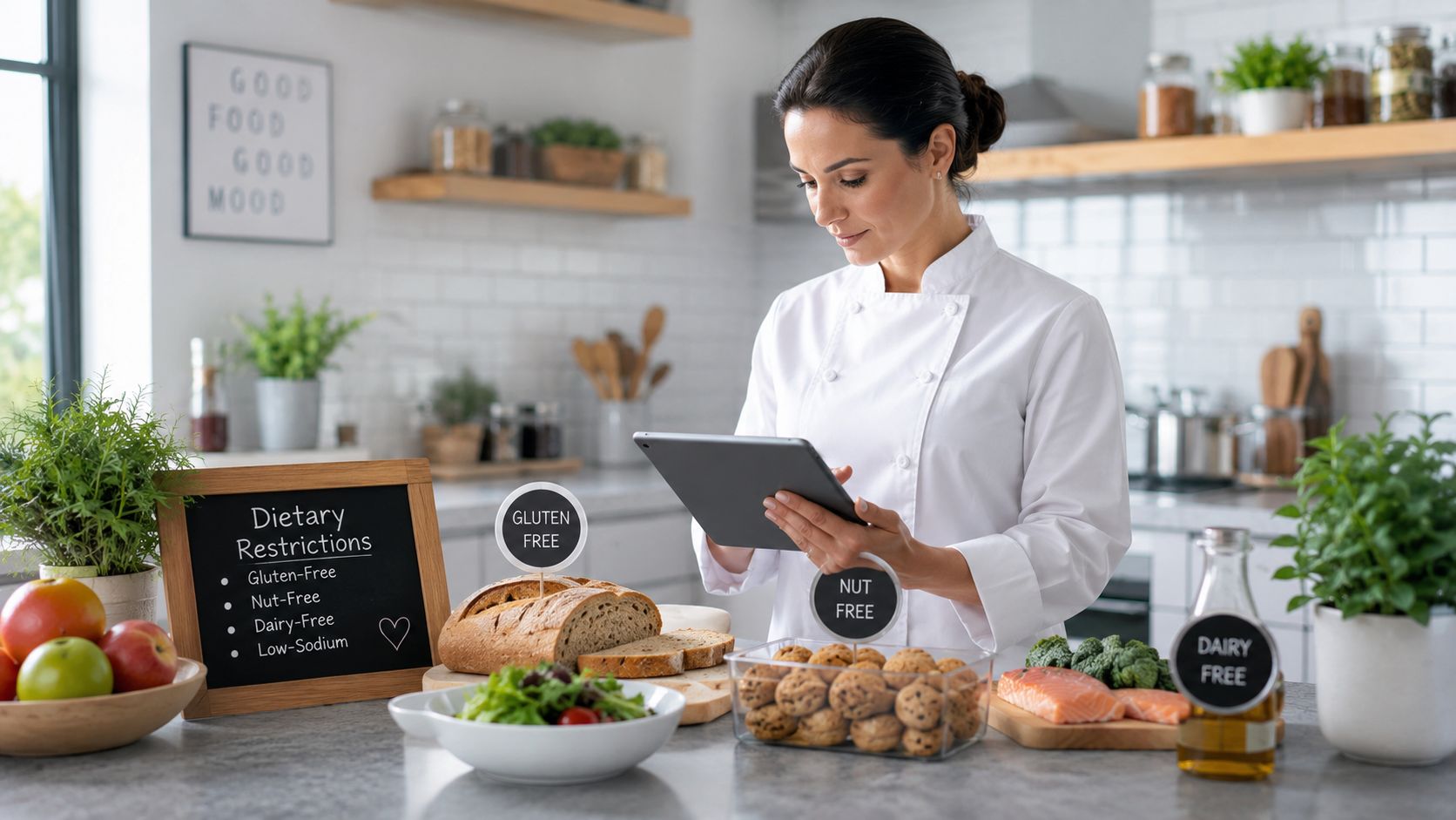 Una chef profesional revisando una tableta en una cocina decorada con letreros de restricciones dietéticas saludables.