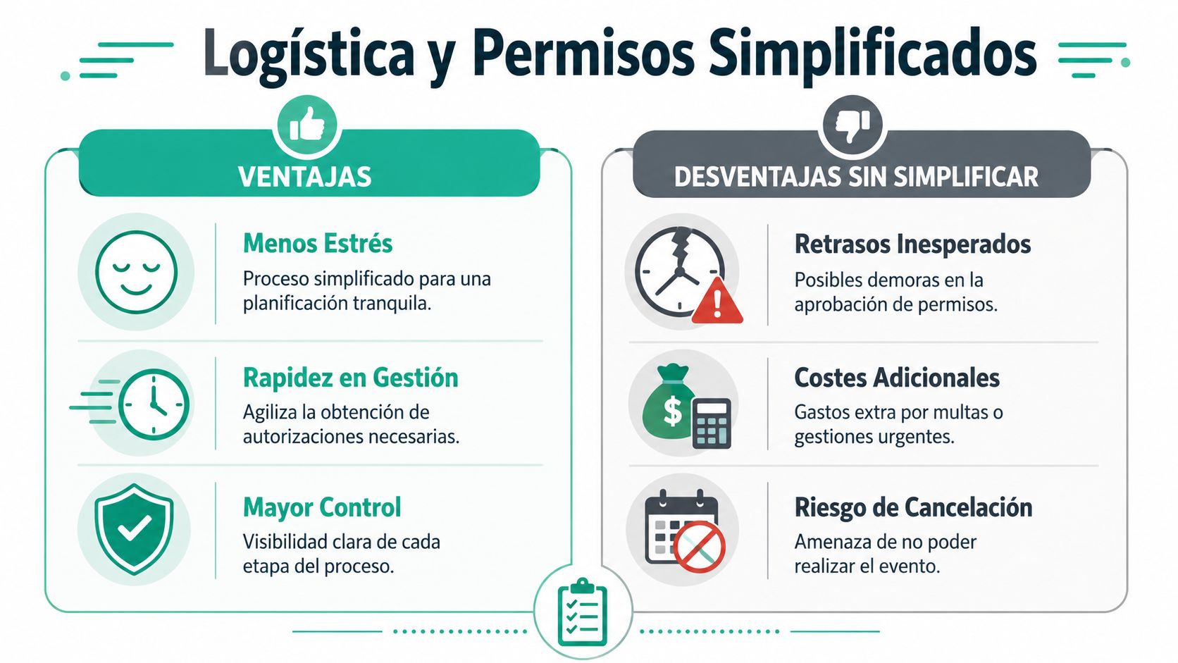Gráfico comparativo de logística y permisos simplificados con sus respectivas ventajas y las desventajas de no simplificarlos.