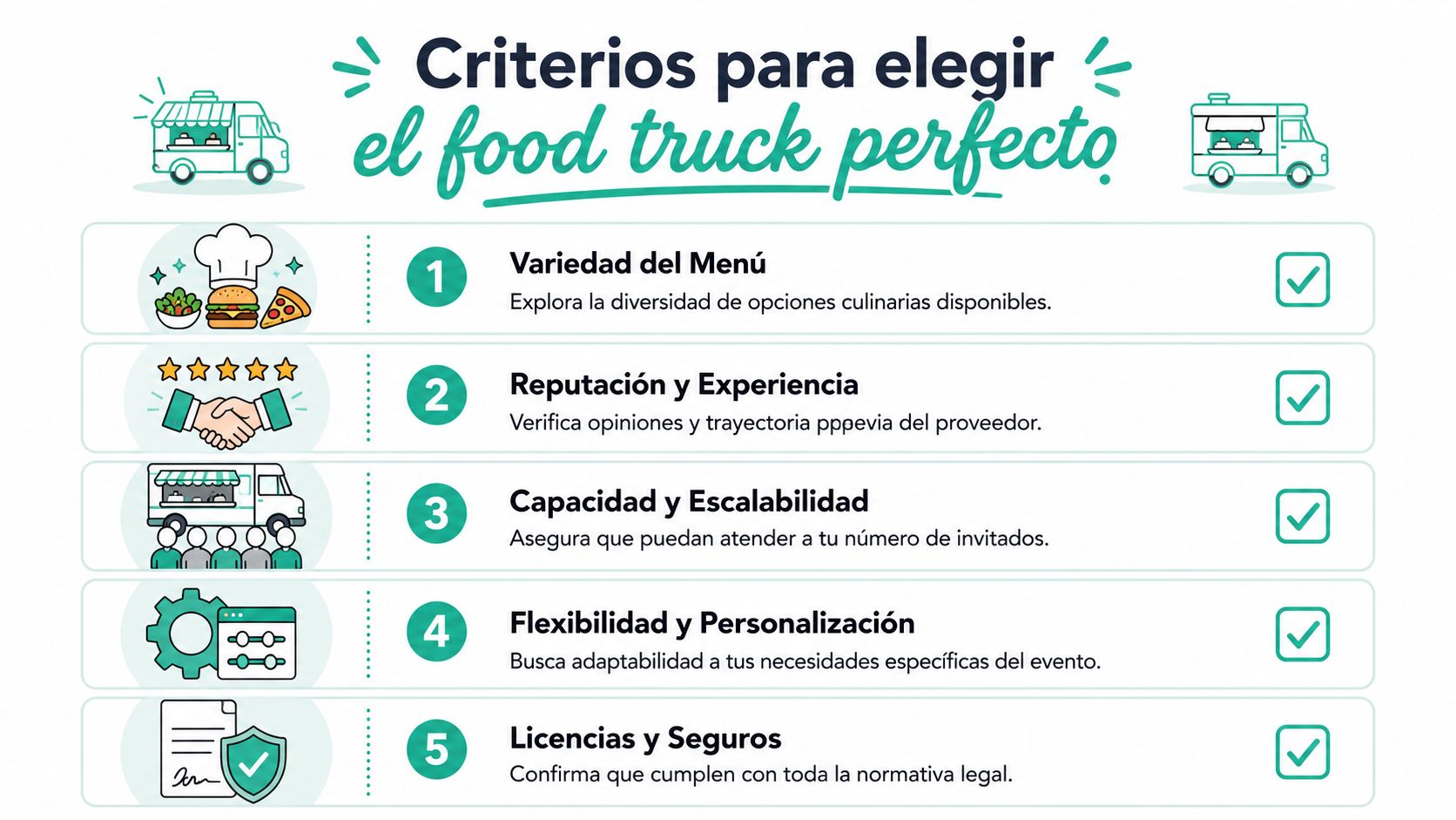 Una infografía mostrando cinco criterios esenciales para elegir el mejor servicio de food truck para eventos.