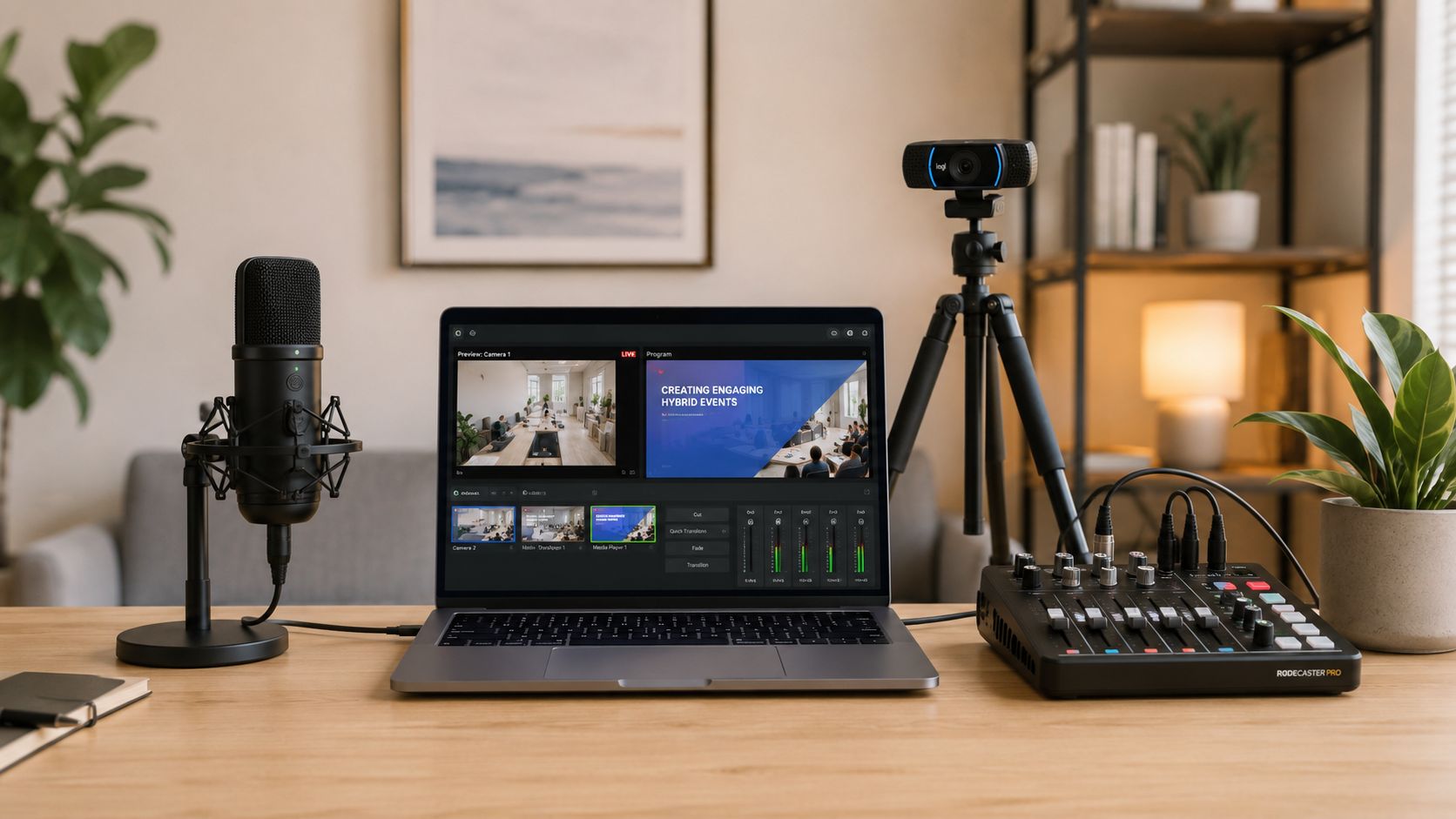 Configuración de equipo para transmisión de eventos híbridos con computadora, micrófono, cámara y mezclador de audio profesional.