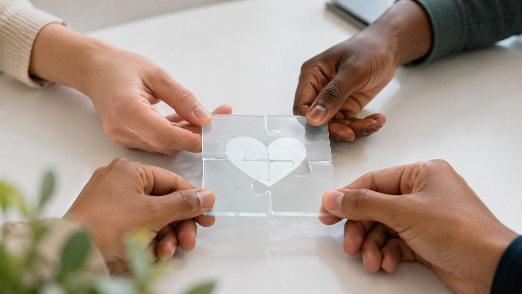 Tres personas de diversas etnias uniendo piezas de rompecabezas transparentes formando un símbolo de corazón en equipo.