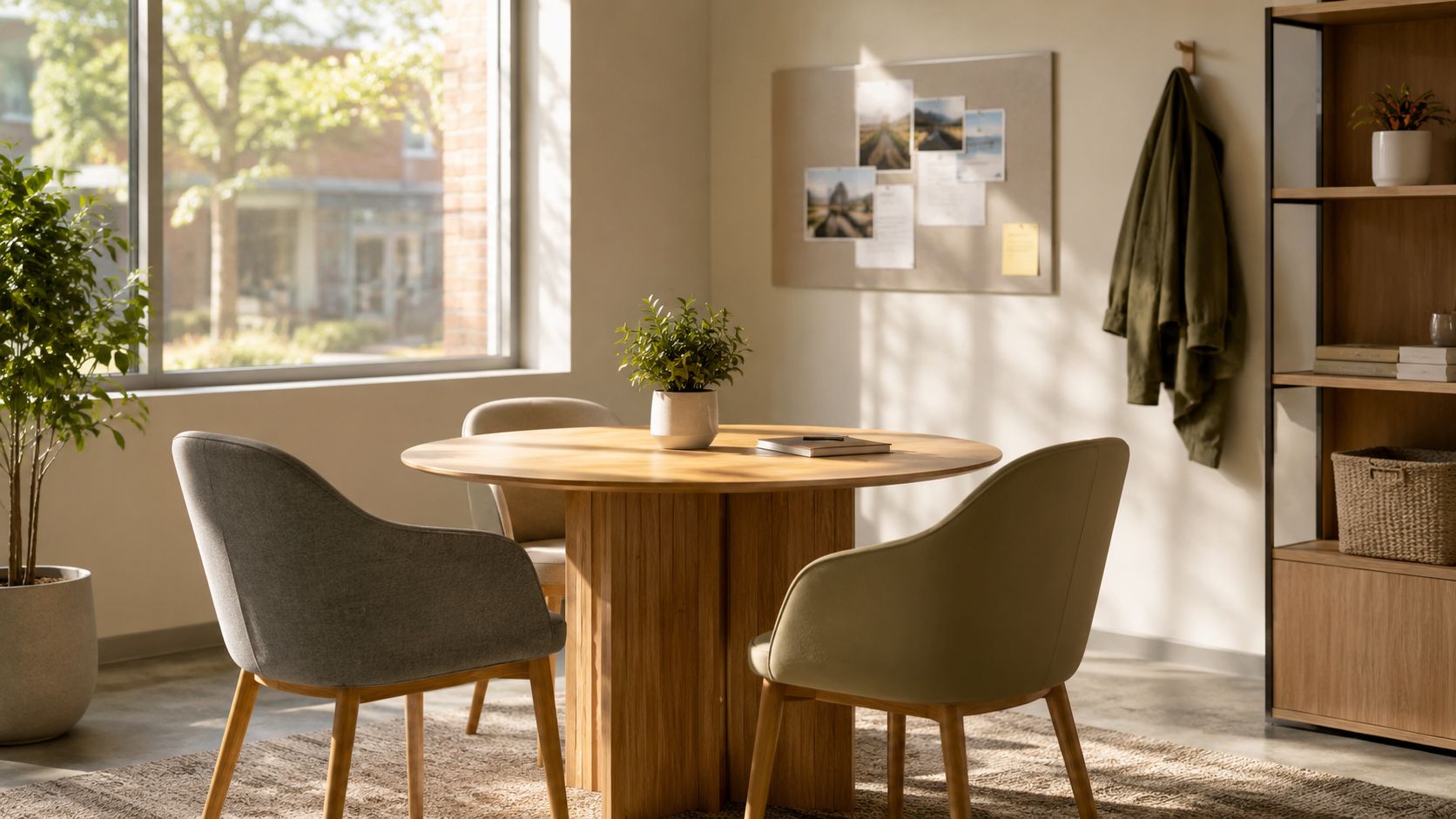 Una mesa redonda de madera en un espacio de oficina moderno con sillas cómodas y plantas decorativas.