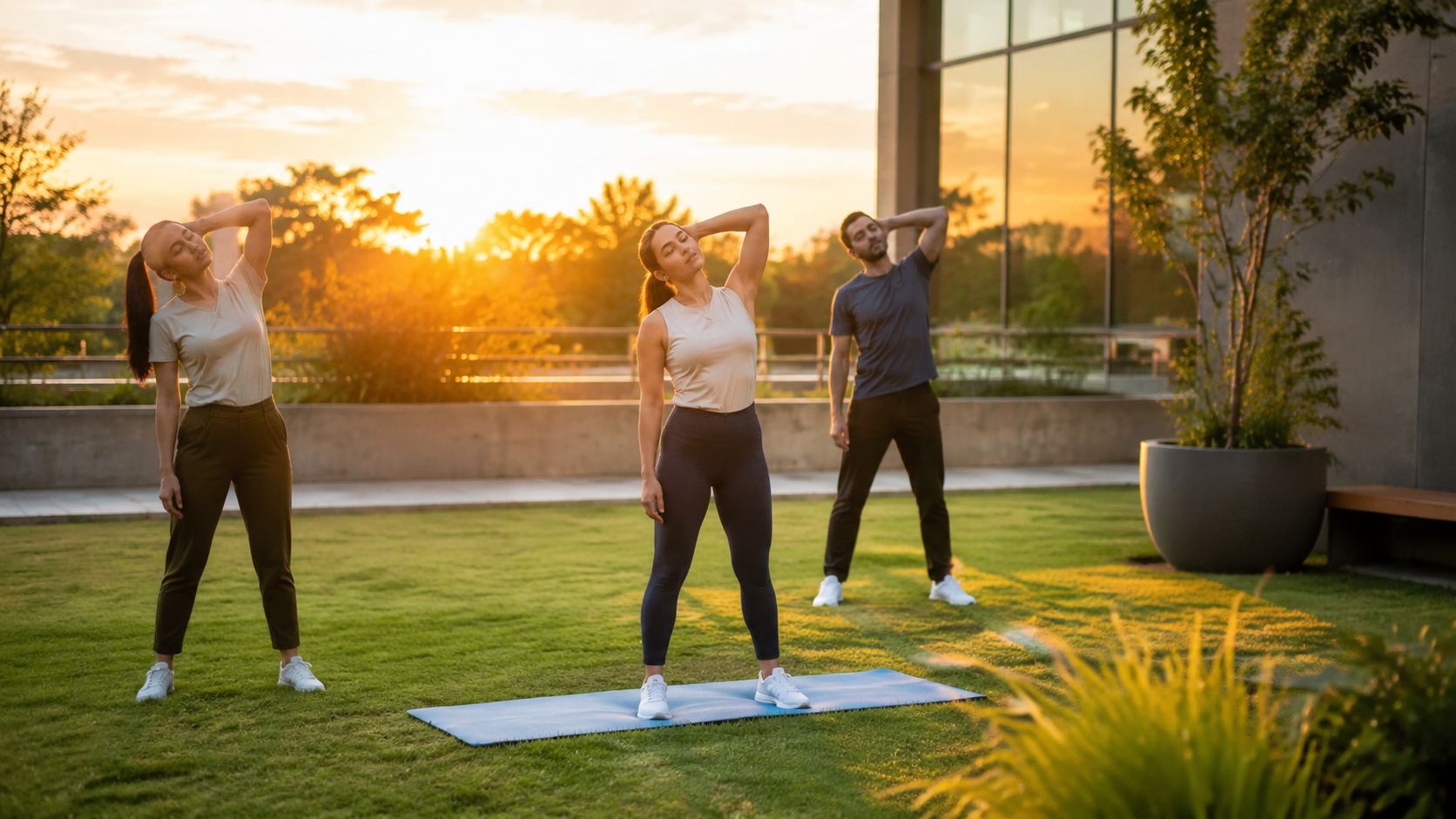 Tres personas realizan ejercicios de estiramiento y yoga en un jardín durante un hermoso atardecer soleado.