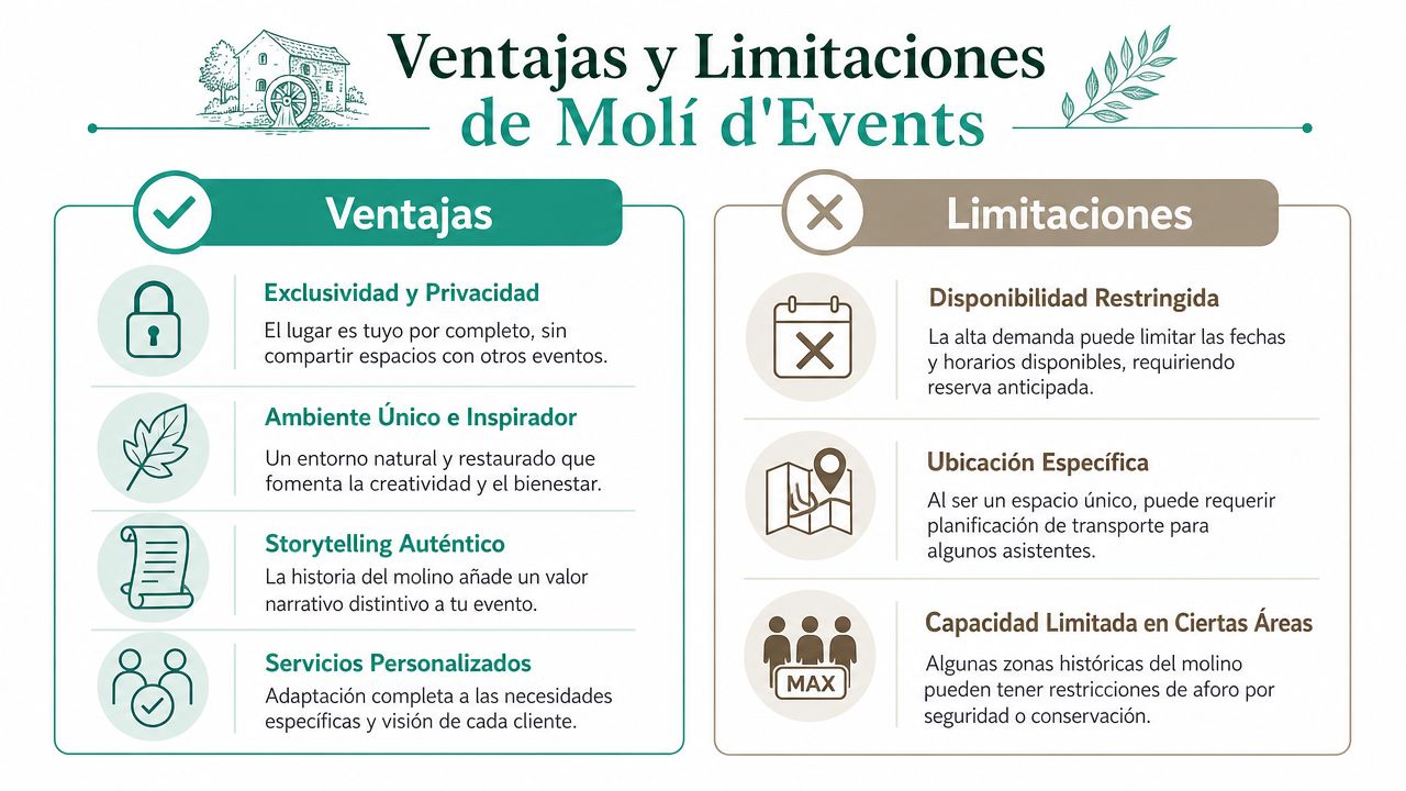 Infografía que detalla las ventajas y limitaciones del espacio de eventos Molí d'Events en un entorno natural.
