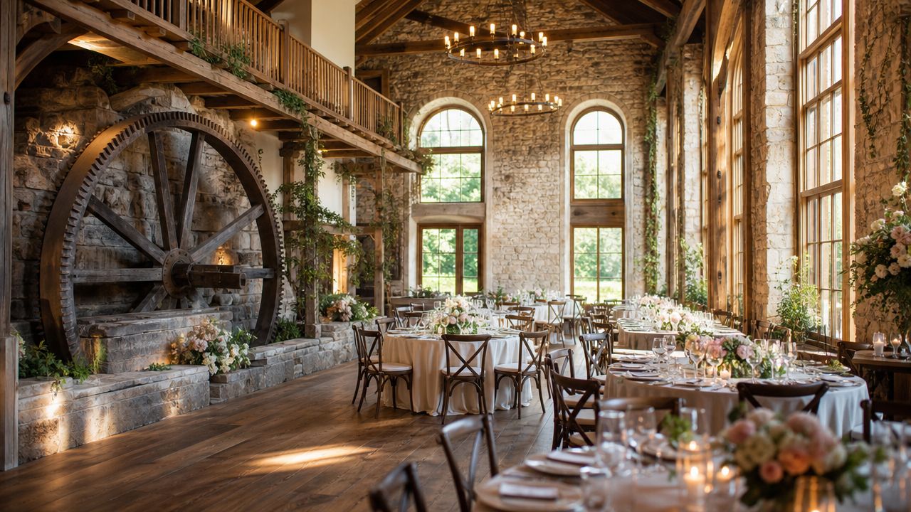 Un hermoso salón de eventos rústico con paredes de piedra, grandes ventanas y un antiguo engranaje decorativo.