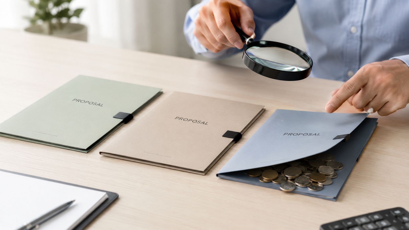 Una persona examina documentos etiquetados como propuesta, uno de los cuales contiene monedas sobre una mesa de oficina.