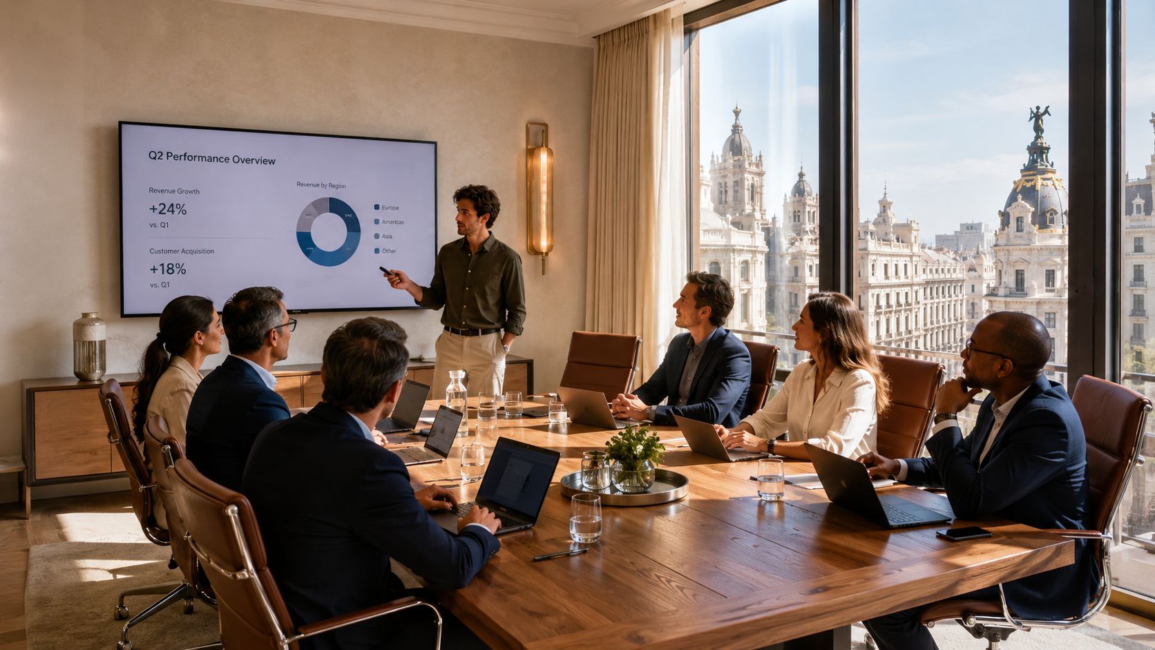 Un grupo de profesionales asistiendo a una presentación de negocios en una sala de reuniones con vistas.