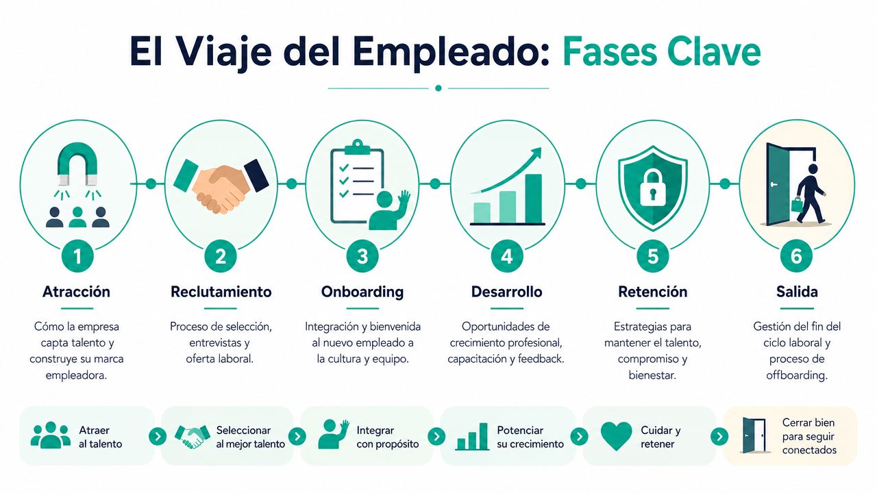 Infografía sobre las seis etapas clave del viaje del empleado dentro de una organización empresarial.