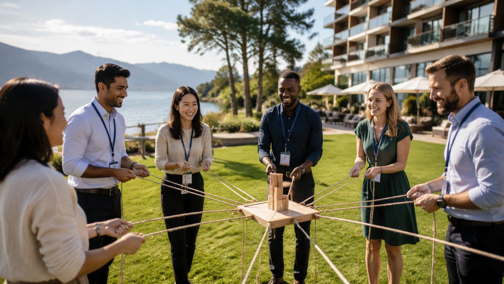 Un grupo de profesionales colabora en un ejercicio de trabajo en equipo al aire libre cerca de un hotel.