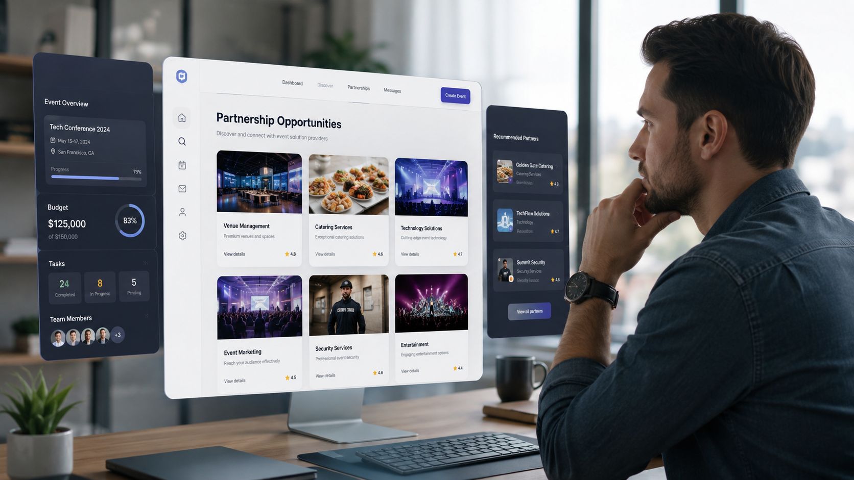 Un hombre profesional analizando oportunidades de asociación para la gestión de eventos en su computadora de escritorio.