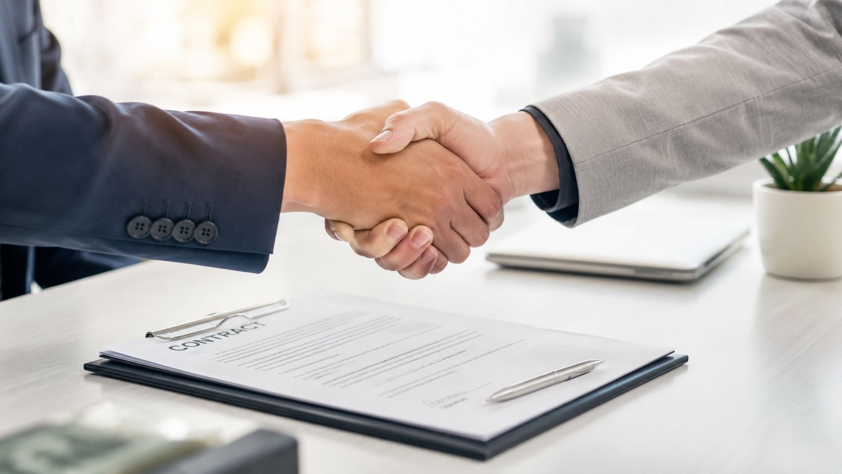 Dos empresarios con traje estrechándose la mano sobre un contrato de negocios en una oficina profesional.