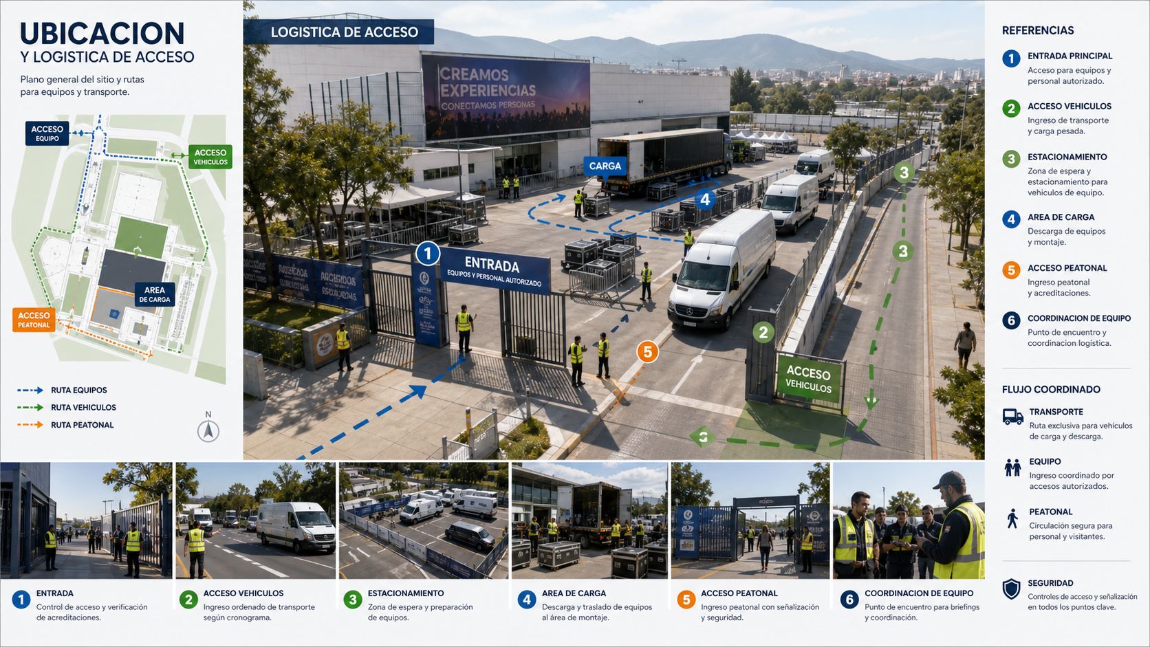 Plano detallado de logística, accesos y rutas para transporte, equipo y personal en un recinto de eventos.