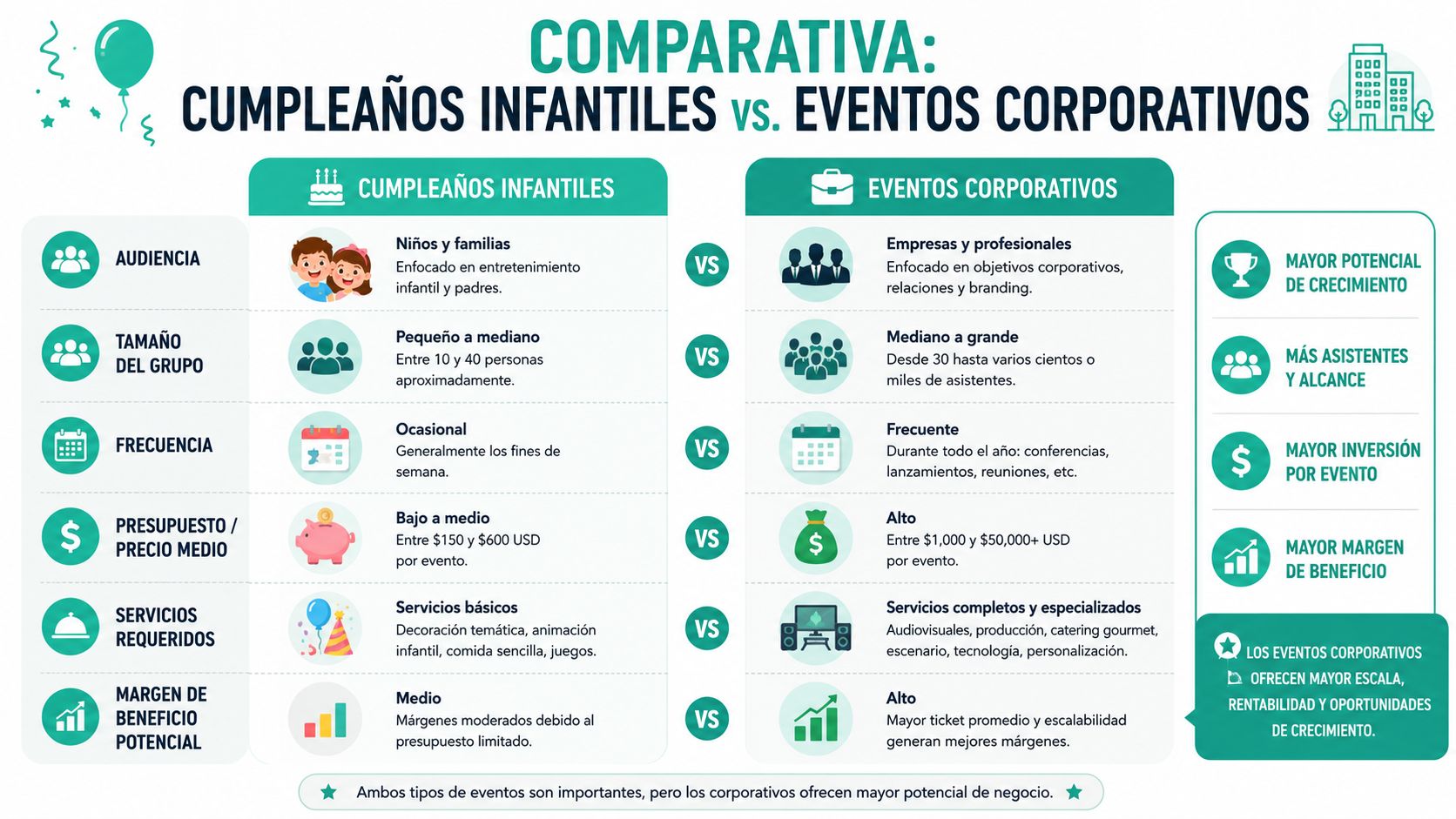 Comparativa entre la rentabilidad de cumpleaños infantiles y eventos corporativos para dueños de locales.