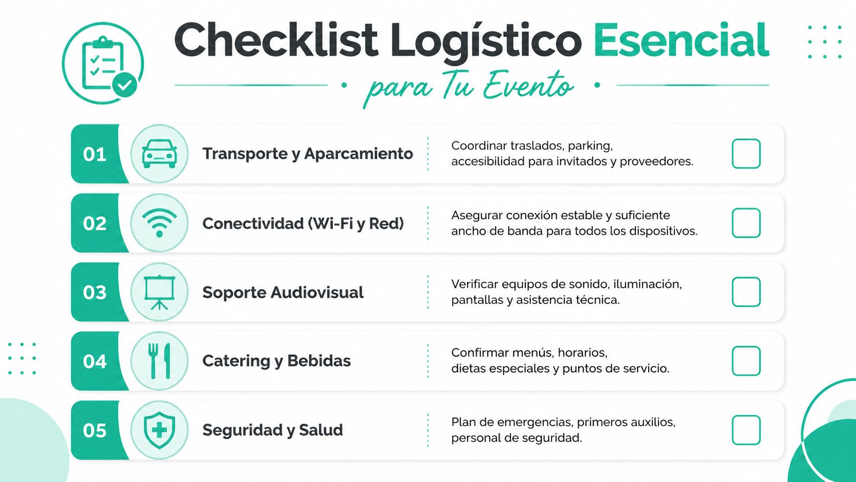 Lista de verificación logística esencial para planificar eventos exitosos, incluyendo transporte, conectividad, audiovisuales, catering y seguridad.