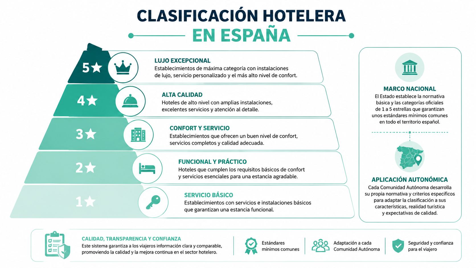 Infografía sobre la clasificación hotelera en España, explicando las categorías de una a cinco estrellas.